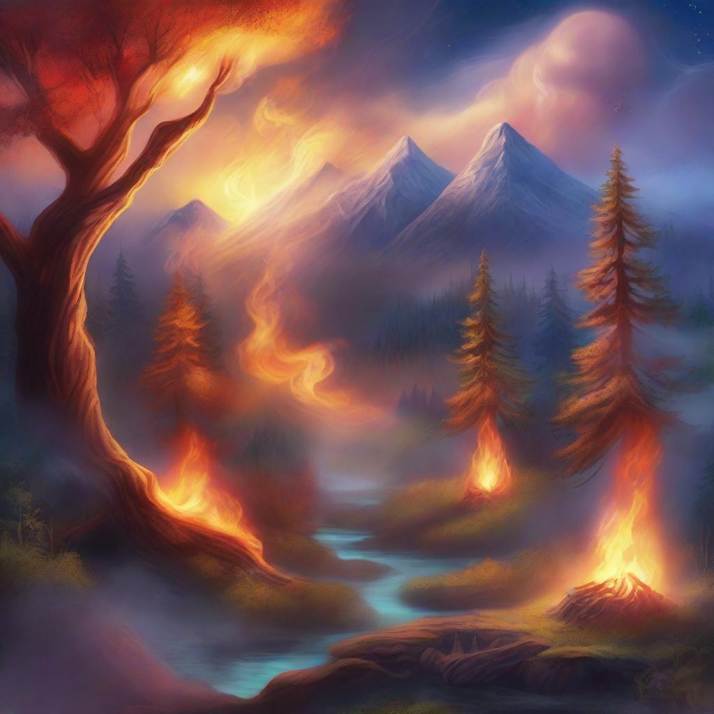 A detailed fantasy background featuring a mystical landscape with fire and smoke