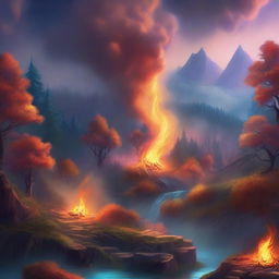 A detailed fantasy background featuring a mystical landscape with fire and smoke