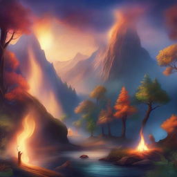 A detailed fantasy background featuring a mystical landscape with fire and smoke