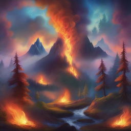 A detailed fantasy background featuring a mystical landscape with fire and smoke