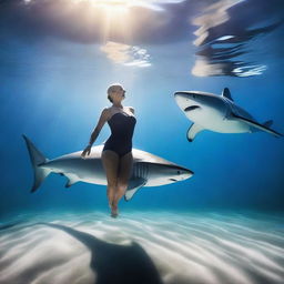 A beautiful bald woman swimming gracefully alongside a great white shark in a serene underwater scene