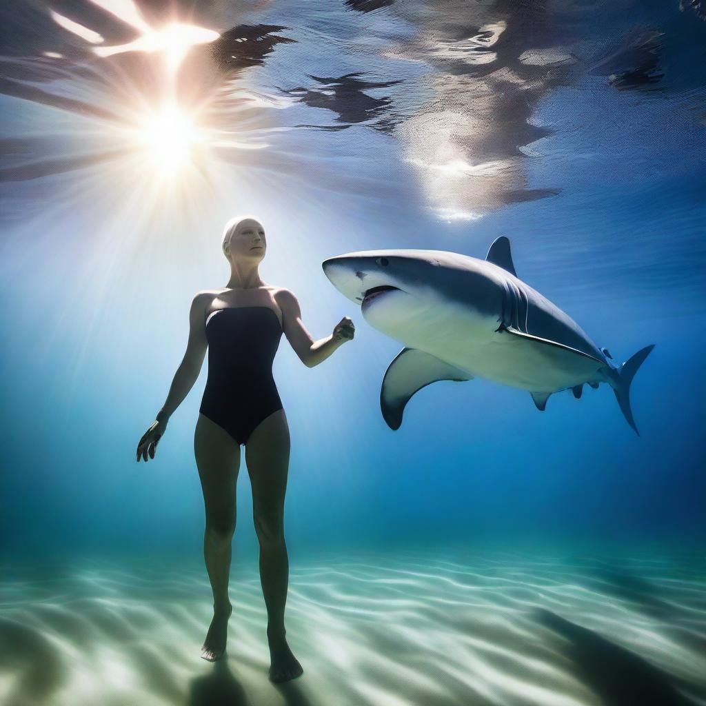 A beautiful bald woman swimming gracefully alongside a great white shark in a serene underwater scene