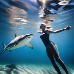 A beautiful bald woman swimming gracefully alongside a great white shark in a serene underwater scene