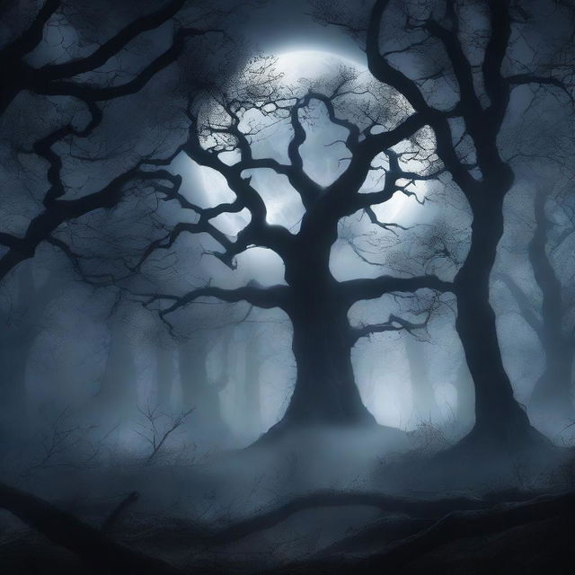 A dark fantasy background featuring a mystical forest with twisted trees, eerie fog, and glowing magical elements