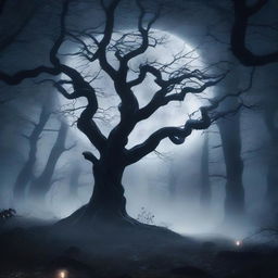 A dark fantasy background featuring a mystical forest with twisted trees, eerie fog, and glowing magical elements