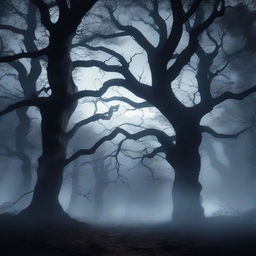 A dark fantasy background featuring a mystical forest with twisted trees, eerie fog, and glowing magical elements