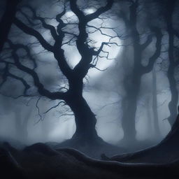 A dark fantasy background featuring a mystical forest with twisted trees, eerie fog, and glowing magical elements