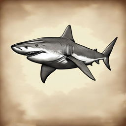 A realistic ancient primeval shark design, depicting a prehistoric shark with rugged features and a menacing appearance