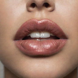 A close-up of natural-colored lips in a biting action, highlighting the texture and color of the lips.