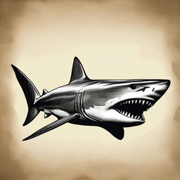 A realistic ancient primeval shark design, depicting a prehistoric shark with rugged features and a menacing appearance