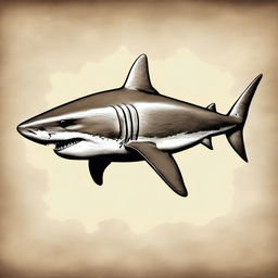 A realistic ancient primeval shark design, depicting a prehistoric shark with rugged features and a menacing appearance