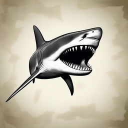 A realistic ancient primeval shark design, depicting a prehistoric shark with rugged features and a menacing appearance