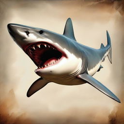 A realistic ancient shark design, depicted in oil paint