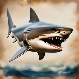 A realistic ancient shark design, depicted in oil paint