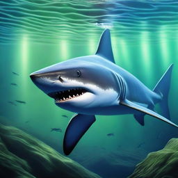 A realistic ancient shark design, depicted in oil paint and set underwater