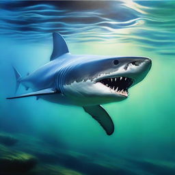 A realistic ancient shark design, depicted in oil paint and set underwater