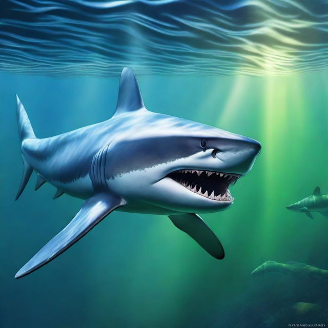 A realistic ancient shark design, depicted in oil paint and set underwater