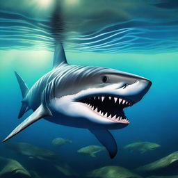 A realistic ancient shark design, depicted in oil paint and set underwater