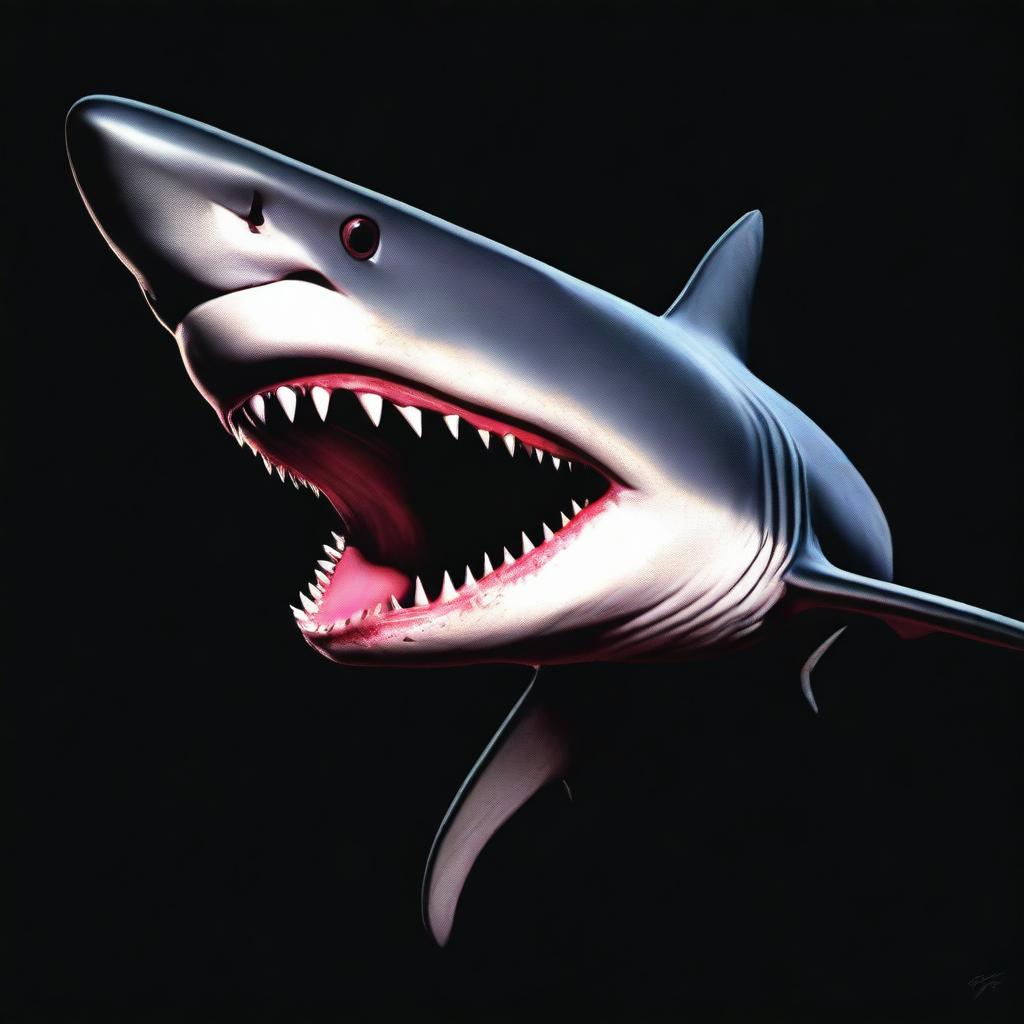 A realistic ancient shark design, depicted in oil paint with a black background