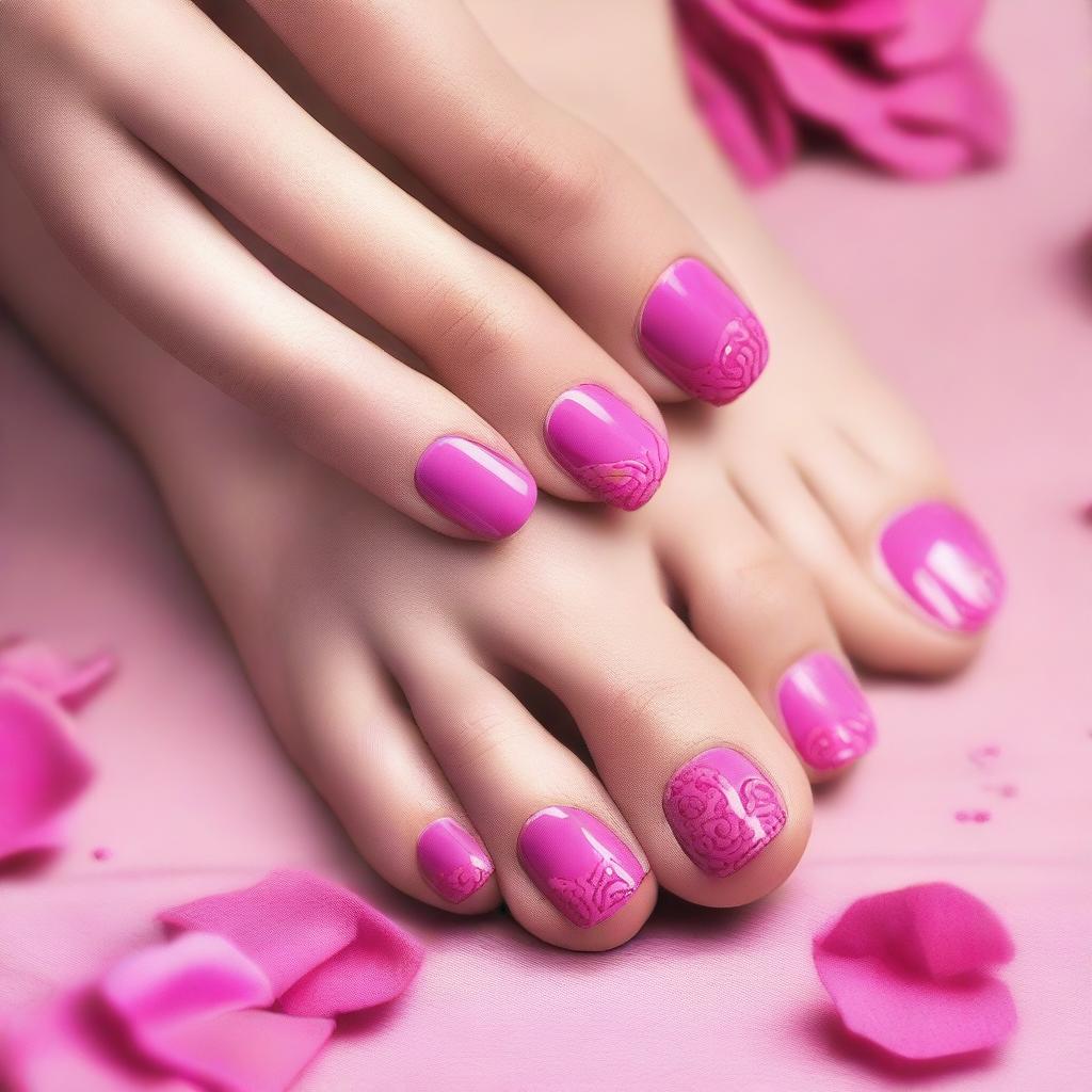 A close-up image of female feet with pink nails, designed with a focus on a fetish theme