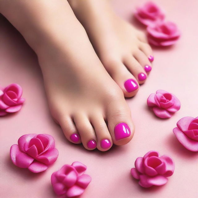 A close-up image of female feet with pink nails, designed with a focus on a fetish theme