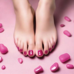 A close-up image of female feet with pink nails, designed with a focus on a fetish theme