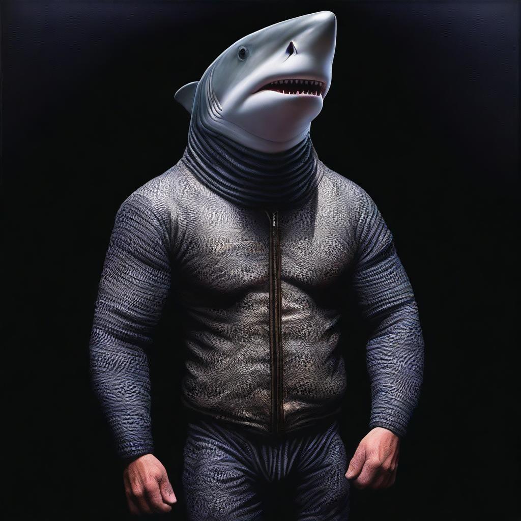 A realistic depiction of an ancient man wearing a shark suit, painted in oil with a black background