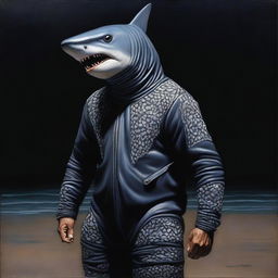 A realistic depiction of an ancient man wearing a shark suit, painted in oil with a black background