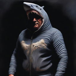 A realistic depiction of an ancient man wearing a shark suit, painted in oil with a black background