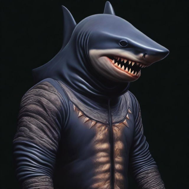 A realistic depiction of an ancient man wearing a shark suit, painted in oil with a black background