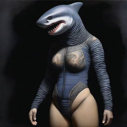 A realistic depiction of an ancient woman wearing a shark suit, painted in oil with a black background