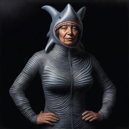 A realistic depiction of an ancient woman wearing a shark suit, painted in oil with a black background