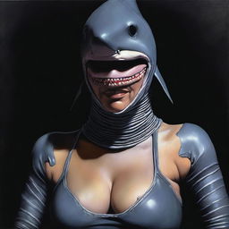 A realistic depiction of an ancient woman wearing a shark suit, painted in oil with a black background