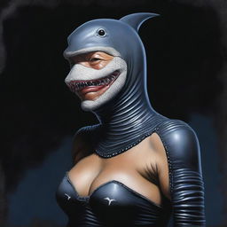 A realistic depiction of an ancient woman wearing a shark suit, painted in oil with a black background