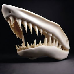 A set of shark jaws, depicted in bone white against a black background