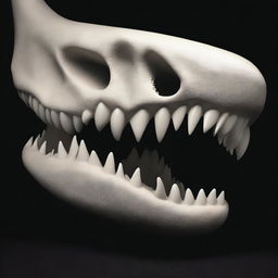 A set of shark jaws, depicted in bone white against a black background