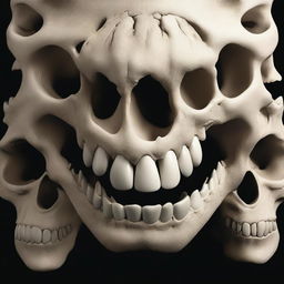 A set of shark jaws, depicted in bone white, fused with a human skull against a black background