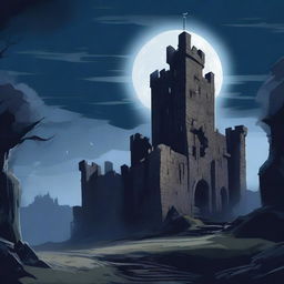 A nighttime scene featuring the ruins of a castle under the moonlight