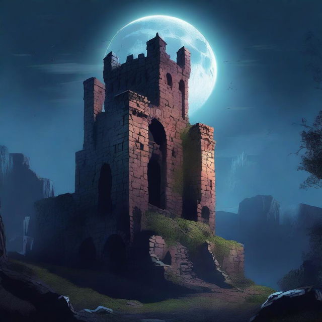 A nighttime scene featuring the ruins of a castle under the moonlight