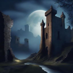 A nighttime scene featuring the ruins of a castle under the moonlight