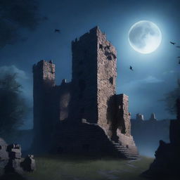 A nighttime scene featuring the ruins of a castle under the moonlight