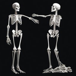 A white-boned female skeleton and a shark skeleton displayed on a black background
