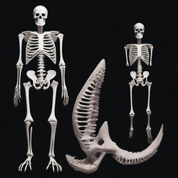 A white-boned female skeleton and a shark skeleton displayed on a black background