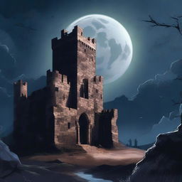 A nighttime scene featuring the ruins of a castle under a full moon