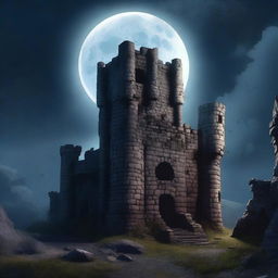 A nighttime scene featuring the ruins of a castle under a full moon