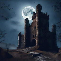 A nighttime scene featuring the ruins of a castle under a full moon