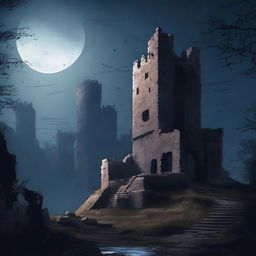 A nighttime scene featuring the ruins of a castle under a full moon