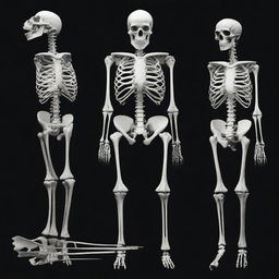 A half-boned female skeleton and a half shark skeleton displayed on a black background