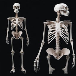 A half-boned female skeleton and a half shark skeleton displayed on a black background