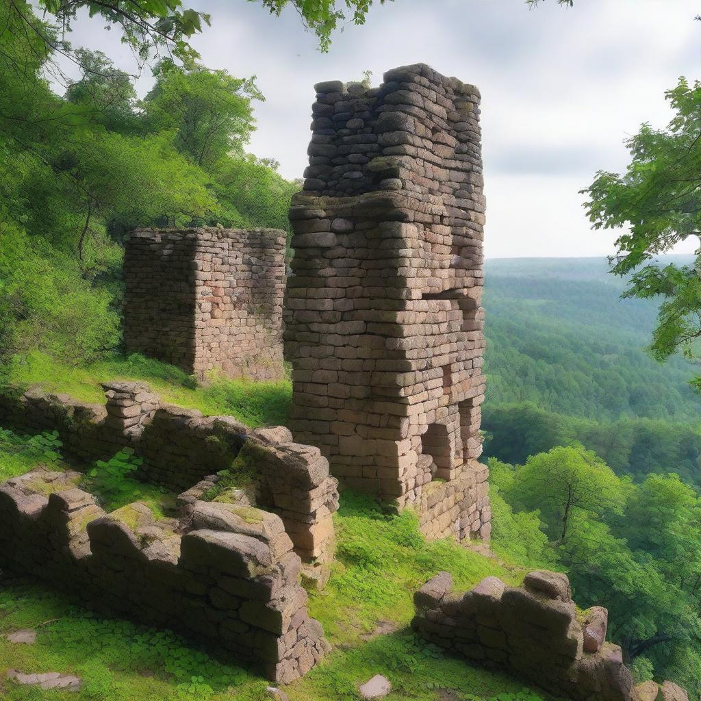 The ruins of an ancient fortress wall with a dense forest in the background